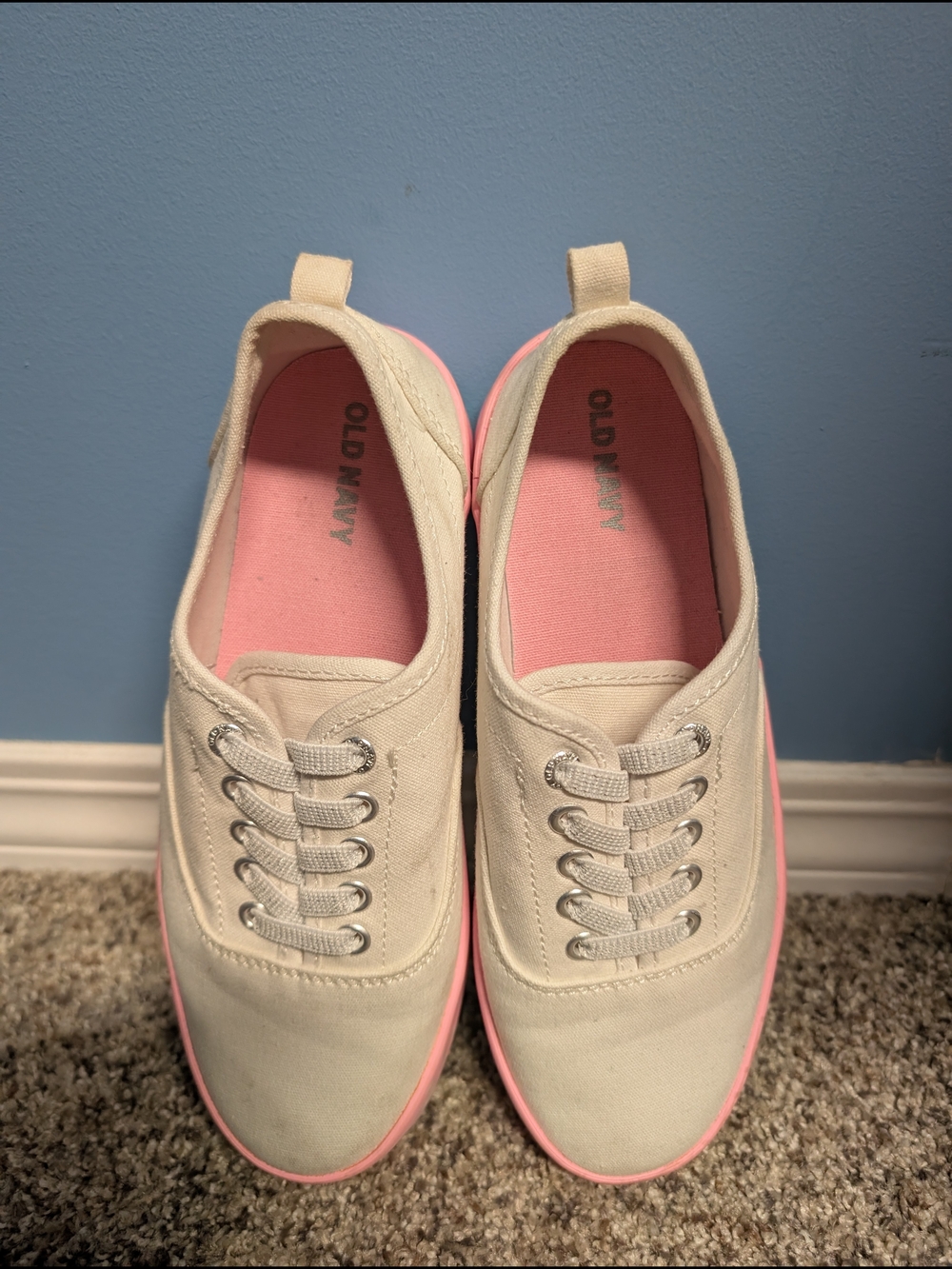 💚 Old Navy Beige Canvas Sneakers with Pink Trim